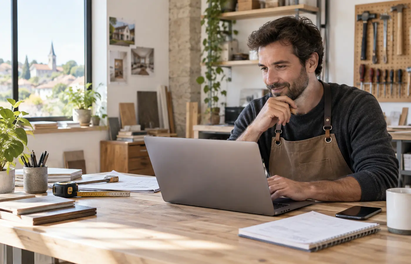 Artisan dans son atelier consultant un devis sur son ordinateur portable
